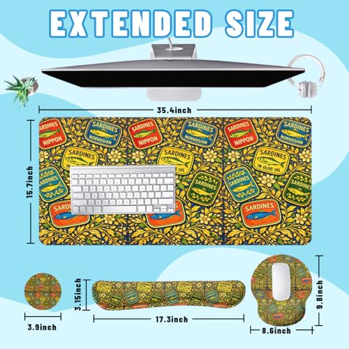 Vintage Food Desk Mat Set Sardines Retro Label Pop Art Mouse Pad with Wrist Rest 4in1 Desk Mat for Desktop Ergonomic Keyboard Wrist Support Anti-Slip Computer Ergonomic Mouse Pad Home Office Gaming - color: Vintage Food