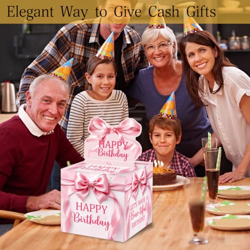 Pink Bow Birthday Money Gift Boxes for Cash, Bow-Tiful Birthday Money Pull Box for Women Girls - color: White