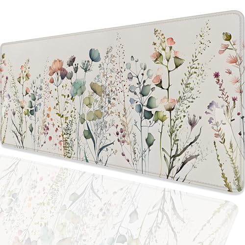 Watercolor Plant Flowers Desk Pad Mouse Pad,Floral Prints Extended Large Gaming Mouse Mat with Stitched Edges,Non-Slip Waterproof Rubber Base Mousepad for Office Work Home(27.5X11.8 in) - color: Watercolor Plant Flowers