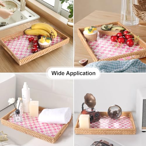 Rectangle Rattan Tray with Mother of Pearl Inlay, Rattan Serving Tray with Handle for Coffee, Bread, Fruits, Decorative Wicker Tray for Table Decor (Rectangle Pink Checkerboard, 13"×9") - color: Pink Checkerboard