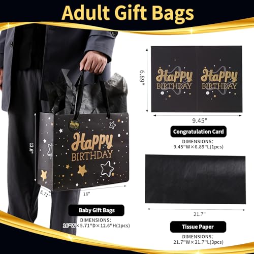 16" Black Happy Birthday Gift Bag with Tissue Paper and Greeting Card for Party,Happy Birthday Gift Bag for Men Women,Gift Bags Extra Large(1 PCS Black Hot Stamping) - color: 1 PCS Black Gift Bag, size: Extra Large
