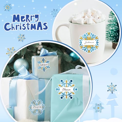 Whaline 90Pcs Christmas Winter Name Tag Stickers Blue Gold Snowflake Shape Nameplates Xmas Self-Adhesive Gift Label Decals for Holiday Present Students Desk Classroom, 9 Designs - style: Snowflake
