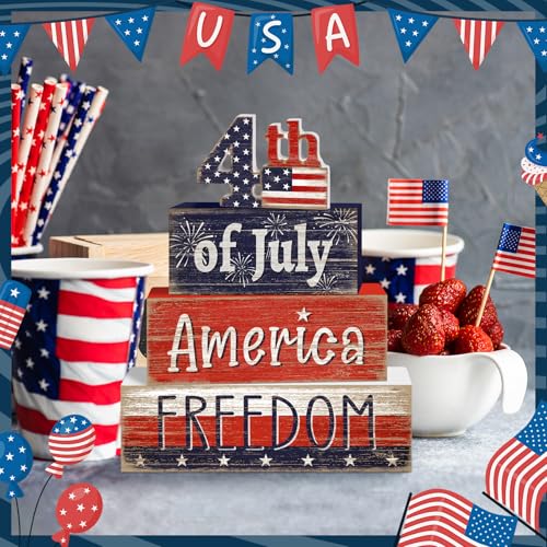 Britimes 4 Pcs 4th of July Decor Patriotic Tiered Tray Decorations Set, Memorial Day Table Sign Farmhouse Red White Blue Rustic Wooden Block Stack Sign for Home Fireplace Mantel (4th of July) - style: 4th of July