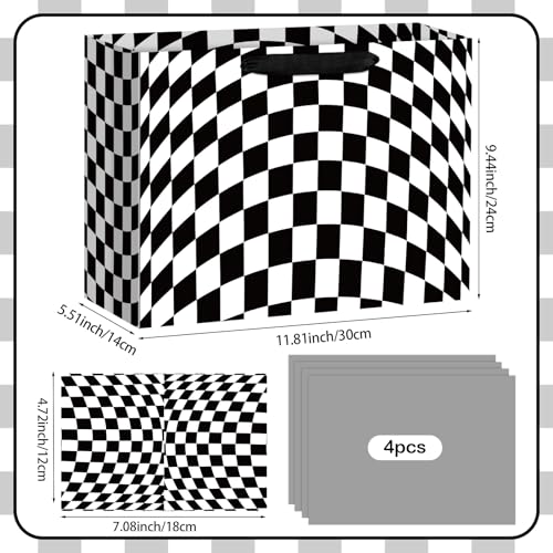 Hooqict Large Checkered Gift Bag Black and White Racing Car Gift Wrap Bag with Handles, Tissue Paper, Greeting Cards for Kids Boys Race Car Birthday Party Decorations Goodie Treat Party Favors - color: Checkered