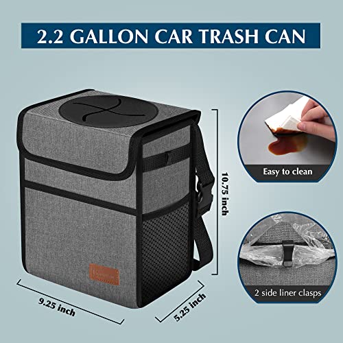 Femuar Car Trash Can Leak Proof Car Trash Bag Waterproof Car Garbage Can with Lid for SUV Front Seat Multipurpose Car Hanging for Headrest Collapsible and Portable with Storage Mesh Pocket, Grey - color: Grey, size: 2.25 Gallons