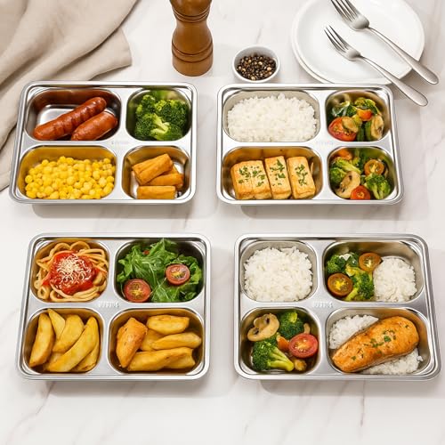 Foaincore 8 Pack 304 Stainless Steel Divided Plates Rectangular Portion Control Plates with Compartments Unbreakable Metal Food Tray for Lunch, Dinner, Camping, Heavy Gauge (4 Compartment) - style: 4 Compartment