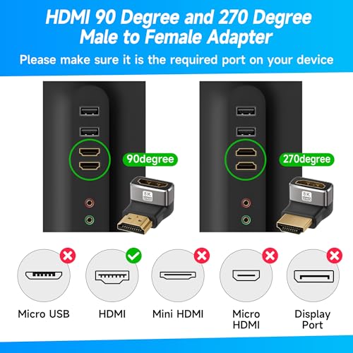 8K 90 Degree HDMI 2.1 Adapter 4 Pack, (Up and Down) Right Angle HDMI Male to Female HDMI L-Shaped Connector Extender Support 8K@60Hz,4K@120Hz for Google Chrome Cast, Roku Stick, Wall TV, Laptop and PC - color: (Up & Down) 90 Degree HDMI Male to Female, si