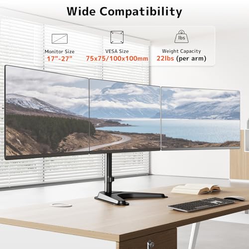 Triple Monitor Stand, Full Motion Adjustable Arm Fits 3 Screens up to 27 inch, Free Standing Desk Stand with Base and Cable Management, 22 lbs Weight Capacity per Arm, 75/100 mm VESA, Black - size: Triple Arms