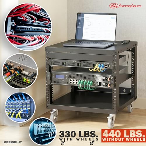 AxcessAbles 8U Open Frame Network & AV Rack with Caster Wheels, One 1U Shelf, 10-32 & Cage Nut Compatible Rails, Cage Nuts, Screws, Cage Nut Tool & Wall Mount Kit | 19-Inch Rack - size: 8U - 1 Shelf