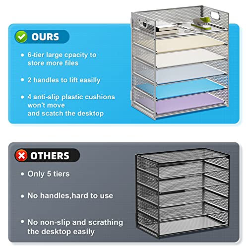 Marbrasse Paper Letter Tray - 6 Tier Mesh File Organizer with Handle, Paper Sorter for Letter/A4 Office File Folder Holder - Silver - color: 6 Tier - Silver