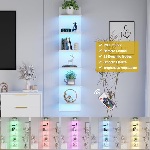 Qupui 6-Tier Wall Shelf with RGB LED Lights, 57" Tall Floating Storage Organizer for Bedroom Living Room Game Room - White Wall Mounted Shelves with 22 Lighting Modes - color: White