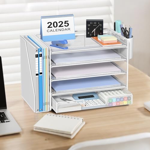 OPNICE Desk Organizer, 5-Tier Desktop File Organizer with Drawer and Pen Holders, Office Desk Accessories, File Sorters, Workspace Organizers for Office Supplies(White) - color: White, size: 5-tier