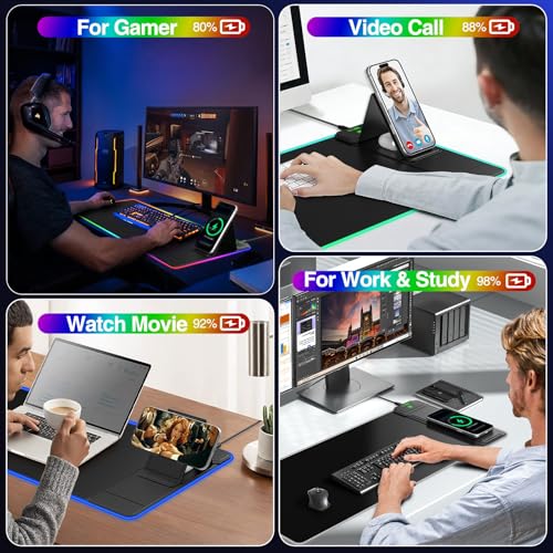 XXL RGB LED Gaming Mouse Pad with Magnetic Wireless Charging & Foldable Phone Holder, 31.5"x11.8" Extended Ultra-Smooth Desk Pad, 25 Lighting Effects, Non-Slip Base - color: RGB-31.5"x11.8"-Magnetic Stand-Right