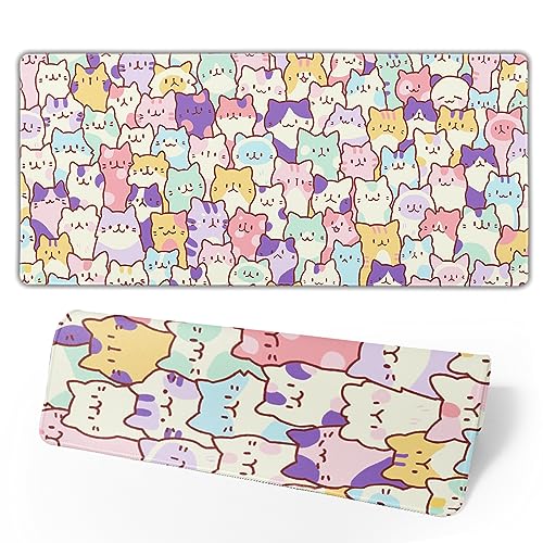 Kawaii Large Mouse Pad 31.5x11.8 Inches XL Extended Gaming Mousepad Funny Cute Cat Desk Mat, Long Computer Keyboard Mouse Mat Non-Slip Base Desk Pad Stitched Edges for Home Game Office Work - color: Cute Cats, size: 31.5x11.8 Inch