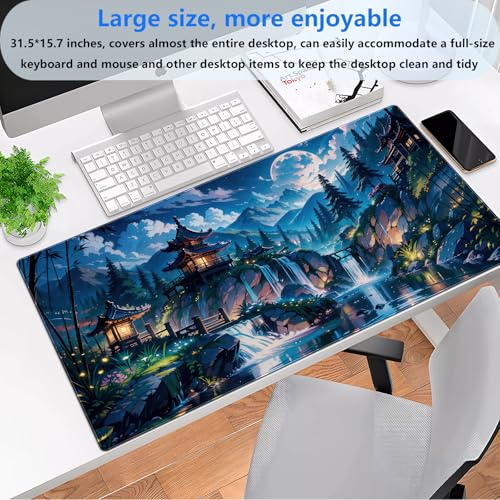 Cloud and Moon Forest Design Extra-Large Gaming Desk Mat XL Extended Keyboard and Mouse Pad for Computer, Laptop, Desktop - 31.5'' x 15.7'' Desk Decor - color: Full Moon