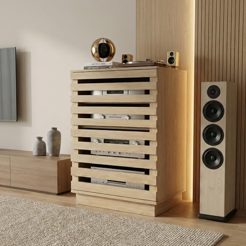 holzart Modern Slatted Wood Audio Component Cabinet, 4-Tier Stereo Equipment Rack Media Stand with Ventilated Door & Cable Management, Oak Finish 35.4" Tall
