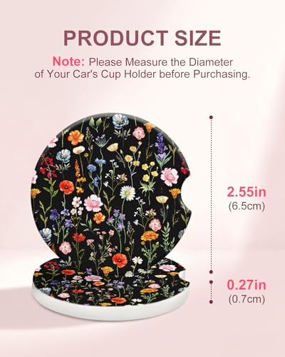 Swooflia Car Coasters for Women, Colorful Flower, 2.55 inch, 2 Pack | Ceramic, Absorbent Mat, Cork Base, Automotive Cup Holder Accessories - color: Black Colorful Flower