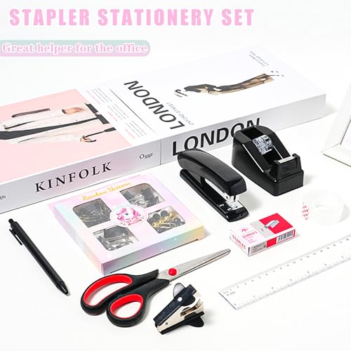 COMFYROOM Black Desk Accessories with Pen Holder, Office Supplies Desk Organizers and Accessories, Tape Dispenser, Stapler, Staple Remover, Staples, Clips Set, Ruler, Scissor, Pen, Tape (Black) - color: Desk Accessories Office Supplies-Black