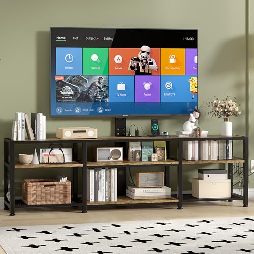 VECELO TV Stand with Mount and Power Outlet, Height Adjustable Entertainment Center with Storage Shelves for 55/65/70/75/80 inches Televisions, Console Table for Living Room, Bedroom, Rustic Brown - color: Rustic Brown, size: 71 Inch