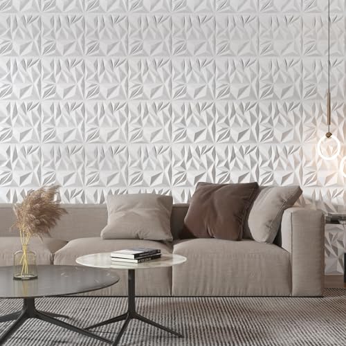 Art3d 50-Pack 3D Wall Panels for Interior Wall Decor, Modern Diamond Textured Accent Wall Paneling for Gaming Living Room TV Wall Background, 12 x 12 inch White - color: White, size: 12x12 Inch 50 pcs