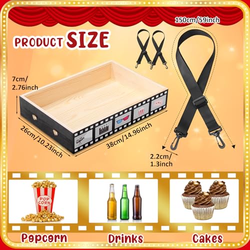 Movie Night Trays with Strap 15 x 10 x 3 Inch Wooden Snack Tray Party Wearable Serving Trays Usherette Popcorn Drink Beverage Carrier for Theater Family Room Film Carnival Prop Supplies(Vintage) - style: Vintage