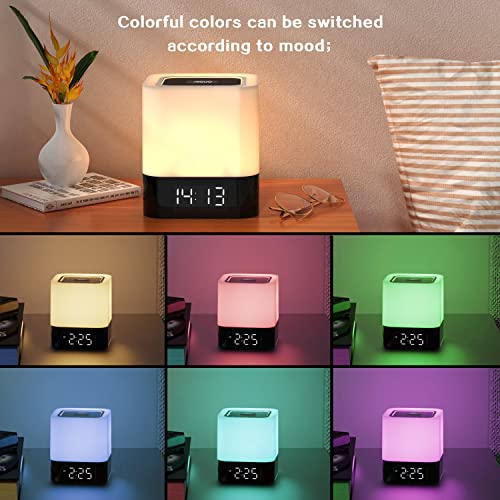 Night Light-5 in 1 Bedside Lamp with Bluetooth Speaker, 12/24H Digital Calendar Alarm Clock, Touch Control, Support TF and SD Card, Music Player, Gift for Girls Boys Teens,Warm White