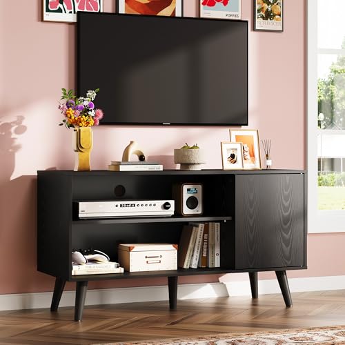 WLIVE TV Stand for 43 Inch TV, Small Entertainment Center with Storage Cabinet & Adjustable Shelves, Mid-Century Modern TV Stands for Living Room and Bedroom, 32" TV Console, Black - color: Relief Black, size: 39 Inch