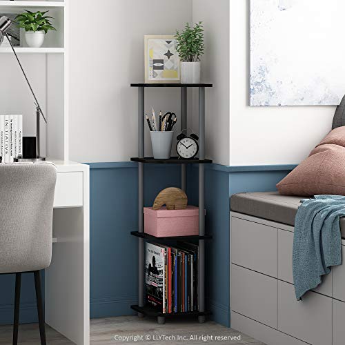Furinno Turn-N-Tube Corner Shelf, 4-Tier Corner Bookshelf, Display Storage Shelves with Open Shelves, for Organization and Storage, Living Room, Home Office, Garage, Black - color: Black/Grey, size: 4-Tier Round Tube