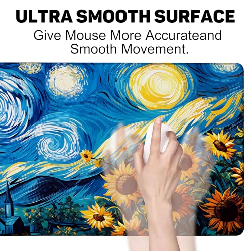 Starry Night and Sunflowers Gaming Mouse Pad with Stitched Edges Non-Slip Rubber Base Mouse Pad for Office,Computer,Keyboard,Laptop and Home Desk,35.4 x 15.7 Inch - color: Starry Night and Sunflowers, size: 15.7*35.4inch