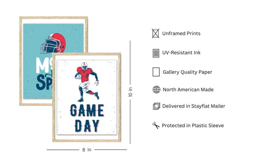 Summit Designs Football Wall Art Set of 5 Prints 8x10 Sports Theme Boy Room Decor Game Day Play Hard Love Football Motivational Quotes Teen Bedroom Unframed Posters - color: Kids, size: Set Of 4 (8x10 ), style: Unframed