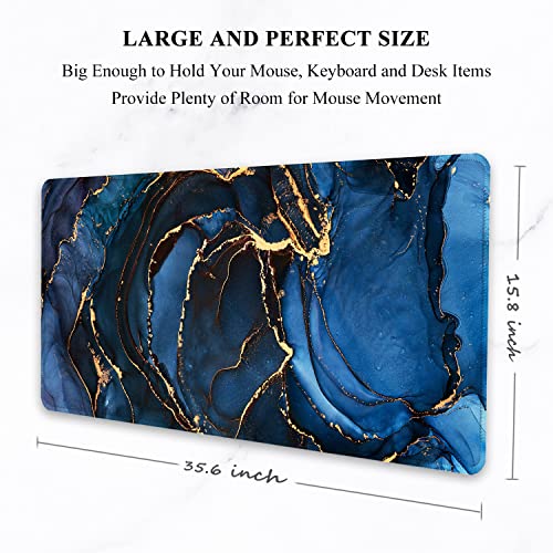 Auhoahsil Large Mouse Pad, XXL Desk Pad, Extened 35" x 15", Non-Slip Rubber Base, Stitched Edges, Superior Surface, Waterproof Keyboard Mat, Large Mousepad for Gamer, Office & Home, Dark Blue Marble - color: 11 Dark Blue Marble, size: XXL - Extended size
