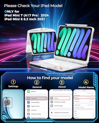 TSQQST Clear Wireless Keyboard Case for iPad mini 7 A17 Pro (2024)/ Mini 6 (2021) 8.3" w/Multi-Touch Trackpad, 7-Color Backlit, Pen Holder, 360 Rotating Case for iPad mini 7th/6th Generation, White - color: Clear+White, size: Mini7/6