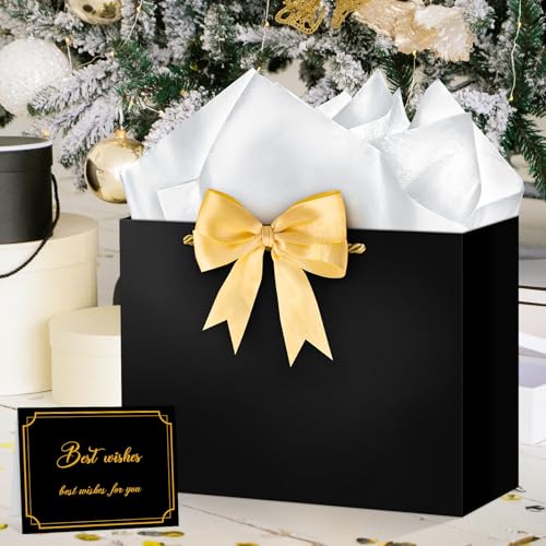 Hooqict Gift Bag Black Birthday Gift Bags with Handles, 1 Ribbon, 4 Tissue Paper, 2 Greeting Cards for Men Women Birthday Presents Wedding Retirement Christmas Gifts Fathers Day - color: Black