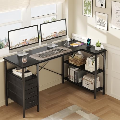 DUMOS L Shaped Desk with Shelf Drawers 55 Inch, Black Corner Computer Desks Gaming with Power Outlet, Study Table with Adjustable Shelves, Home Office Tables for Bedroom Teacher Reading Writing - color: Ink