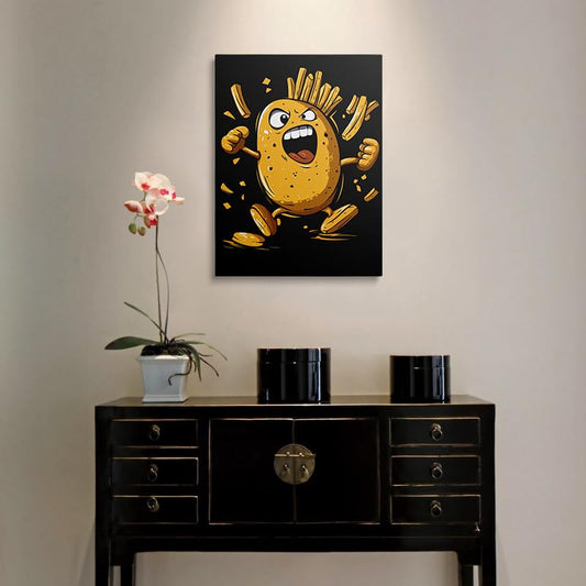 Funny Potato framed canvas wall art Cartoon Snack Kitchen Decor 12x16inches | Funny potato canvas with cartoon fries and black background adds playful snack shop energy to kitchen dining room wall decor - color: Funny Potato, size: 16"L x 12"W