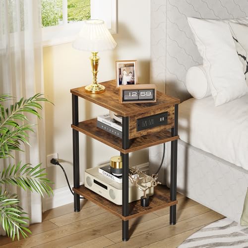 Creso hom Side Table with Charging Station, End Tables Living Room, 21.7 Inch Skinny Night Stand with Storage, Small Bedside Tables for Bedroom, Office, Dorm, Hallway, Rustic Brown - color: Rustic Brown, size: 14.96"D x 11"W x 21.7"H