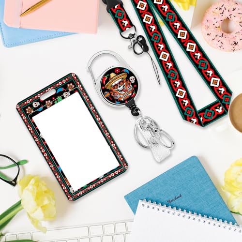 Cute Skull Badge Holder with Lanyard, Funny Chili ID Badge Holder with Retractable Reel Clip and Keychain, Vertical Identity Card Cover Case Protector for Women Nurse Teacher - color: Skull Chili-black