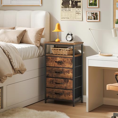 Huuger Night Stand with Charging Station, 4 Drawer Dresser for Bedroom, Bedside Table, 33.9 Inch Tall Nightstand with Open Shelf, End Table, for Closet, Entryway, Bedroom, Rustic Brown - color: Rustic Brown, size: 11.8"D x 15.7"W x 33.9"H (4 Drawers)