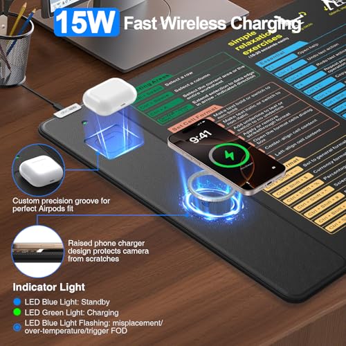 Excel Cheat Sheet Mouse Pad with Magnetic Wireless Charger, 31.5"x15.8" Extended Excel Shortcuts Desk Pad, Waterproof Ultra-Smooth Keyboard Mat, Non-Slip Base - color: Black-Excel Formulas-31.5"x15.8"