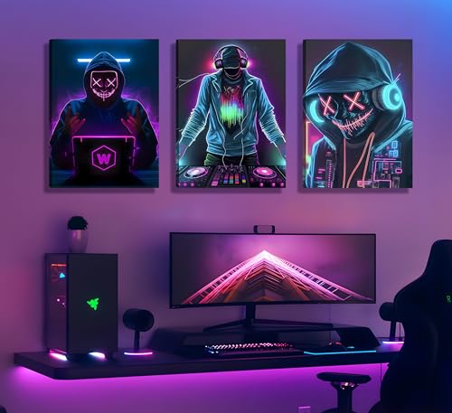 Framed 3Pcs Game Room Canvas Print Wall Art 16x24 Inches | Cyberpunk Trendy Poster Cool Atmosphere Wall Decor Futuristic Neon Light Art Print Gift for Gamers & Electronic Music Lovers - color: Purple, size: 16 in x 24 in