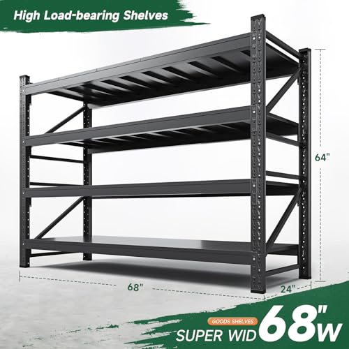 Letaya 68" W Storage Shelves Heavy Duty, 7000LBS Garage Shelving Units, 4 Tier Adjustable Utility Rack Shelf,Large Metal Industrial Shelves,for Shop,Warehouse,Basement,Black (68" W x 24" D x 64" H) - color: Black, size: 68" W x 24" D x 64" H