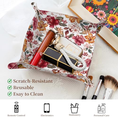 PU Leather Jewelry Valet Tray, Portable Catchall Tray for Keys, Wallet, Watch,Travel Jewelry Tray Organizer for Nightstand Desk Entryway Home Decor Gift for Women Men Orange Flowers - color: Orange Flowers