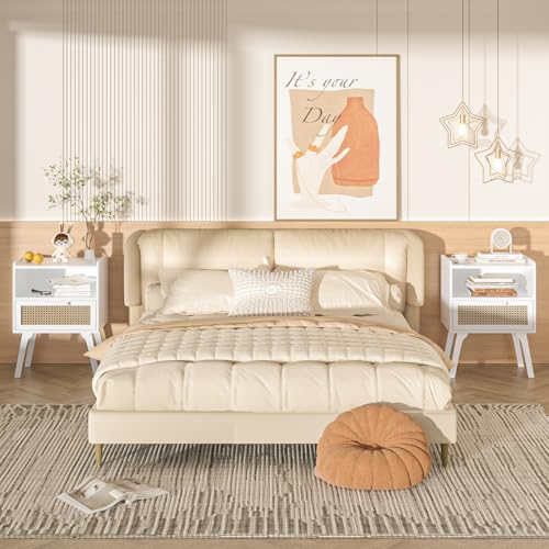 Lerliuo Rattan Nightstands Set of 2, Bedside Table with Drawer Open Shelf, Cane Accent Side End Table with Solid Wood Legs, White Mid Century Night Stand for Bedroom, Dorm and Small Spaces - color: White With Natural, size: 2 pack