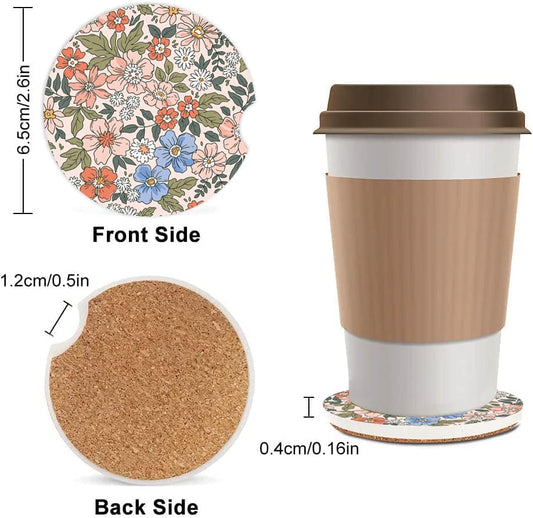 Absorbent Car Cupholder Coaster 2 Pack, Cute Car Coasters with a Finger Notch for Women & Men,2.56" Ceramic Stone & Non-Scratch Cork Base Drink Coasters (Cute Flowers&Grass) - color: Cute Flowers&grass