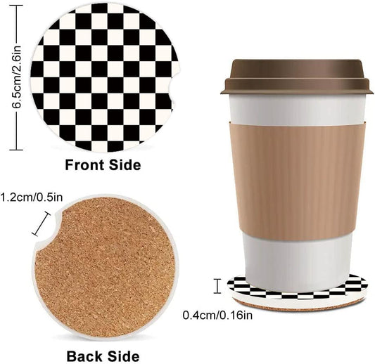 Absorbent Car Cupholder Coaster 2 Pack, Cute Car Coasters with a Finger Notch for Women & Men,2.56" Ceramic Stone & Non-Scratch Cork Base Drink Coasters (Checkerboard) - color: Checkerboard
