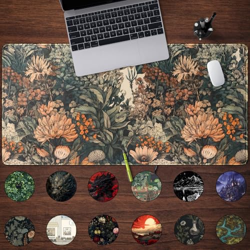 Boho Aesthetic Desk Mat Wildflowers Large Mouse Pad Gaming Pad, XXL Keyboard Mat Full Desktop Women Office Desk Accessories with Stitched Edges Anti-Slip Funny Deskpad, 31.5 X 15.8 in - color: Aesthetic Dark Plants