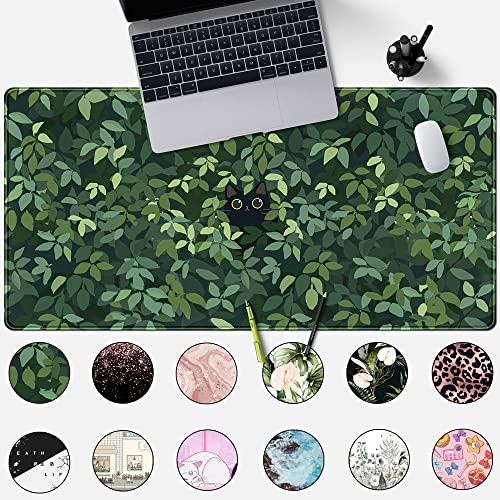 Cute Cat Kawaii Green Desk Mat - Large Gaming Mouse Pad & Keyboard Laptop Mat - Anime XL (31.5x15.7 in) - Non-Slip Base, Stitched Edges - color: Green Plants Black Cat