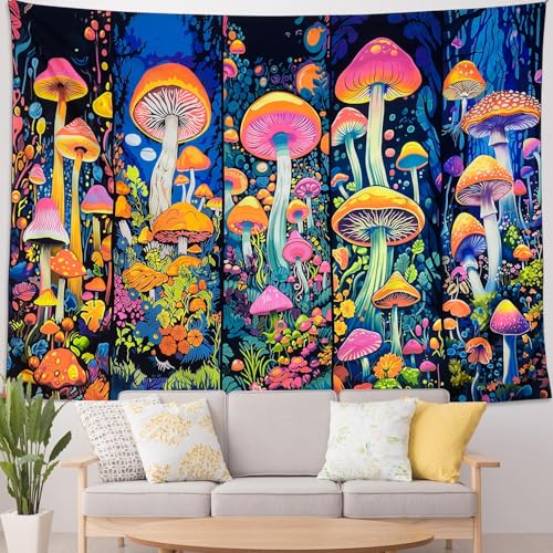 Blacklight Mushroom Tapestry Flower Plant Wall Hanging, UV Reactive Tapestries Glow in The Dark Tapestry, Hippie Wall Hanging for Bedroom Trippy Room Decor (29" x37") - color: Colored mushroom, size: 37"L x 29"W