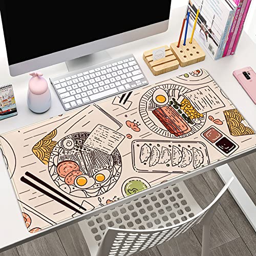 Japanese Ramen Sushi Food Desk Mat Beige XL Mouse Pad Large Full Desk Mousepad Gaming Extended Keyboard Mouse Mat Desk Pad for Computer Laptop 31.5''X15.7'' Non-Slip Rubber Base with Stitched Edges - color: A Beige Food
