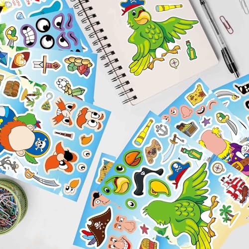24 Sheets Pirate Stickers for Kids, Make Your Own Pirate Stickers, Make-a-face Stickers, Jolly Roger Stickers, Skull and Crossbones Stickers, Pirate Themed Party Decorations - style: Pirate Theme